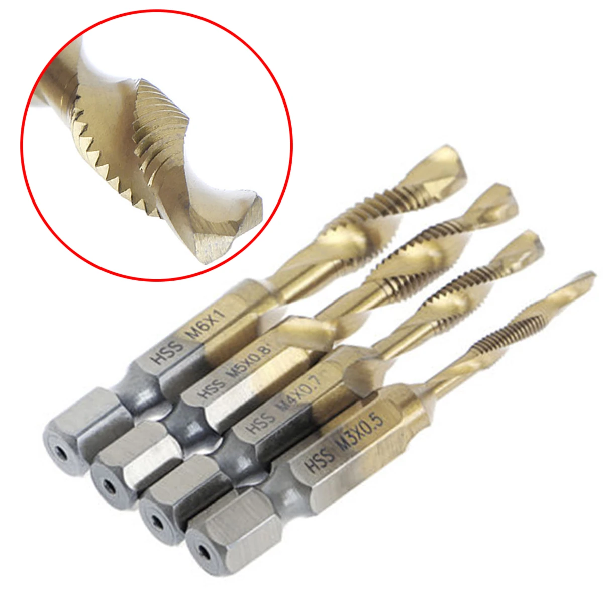 DWZ 4 Pieces New HSS4241 Titanium Coated Bits Drill Hex Shank Spiral Tap M3 M4 M5 M6