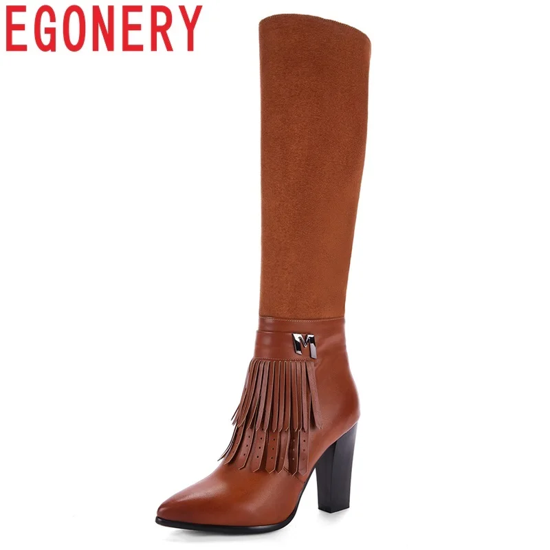 

EGONERY women shoes new hot sale pu and flock fashion sexy super high spike heels pointed toe zipper fringe over-the-knee boots