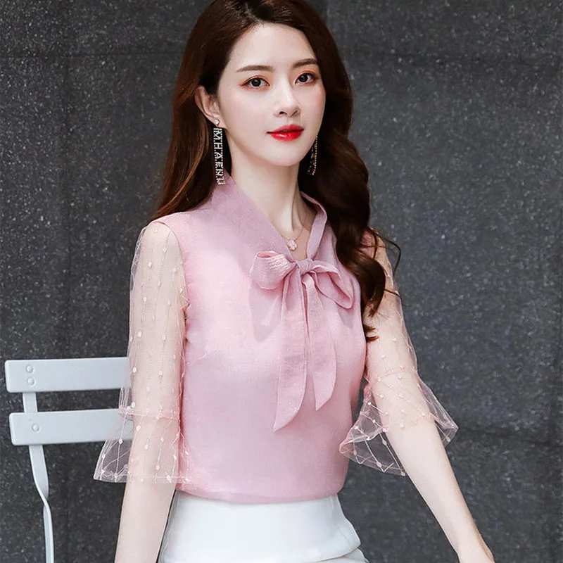 

Women Spring Summer Style Mesh Chiffon Blouses Shirts Lady Casual Bow Tie Collar Mesh Patchwork Blusas Tops DF2766
