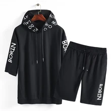 Летние мужские повседневные комплекты спортивной одежды из 2 предметов, спортивный костюм с капюшоном и короткими рукавами+ шорты, простые комплекты с надписями