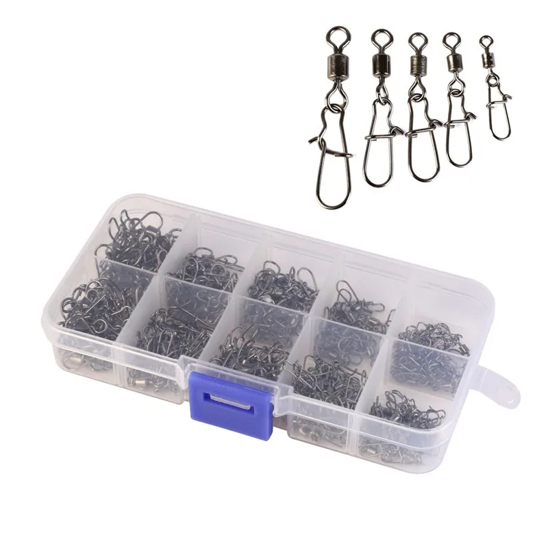 

210pcs/Set Stainless Steel Fishing Swivel Snap Rolling Swivel Connector Hooked Snaps Pin Ball Bearing Fishhook Lure Tackle Kit