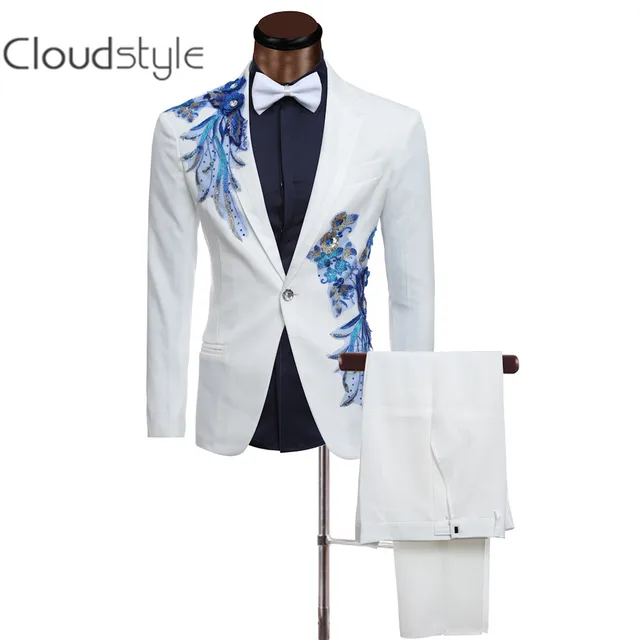 Bespoke white Wedding Suits men embroidery Custom Made white Men Suit