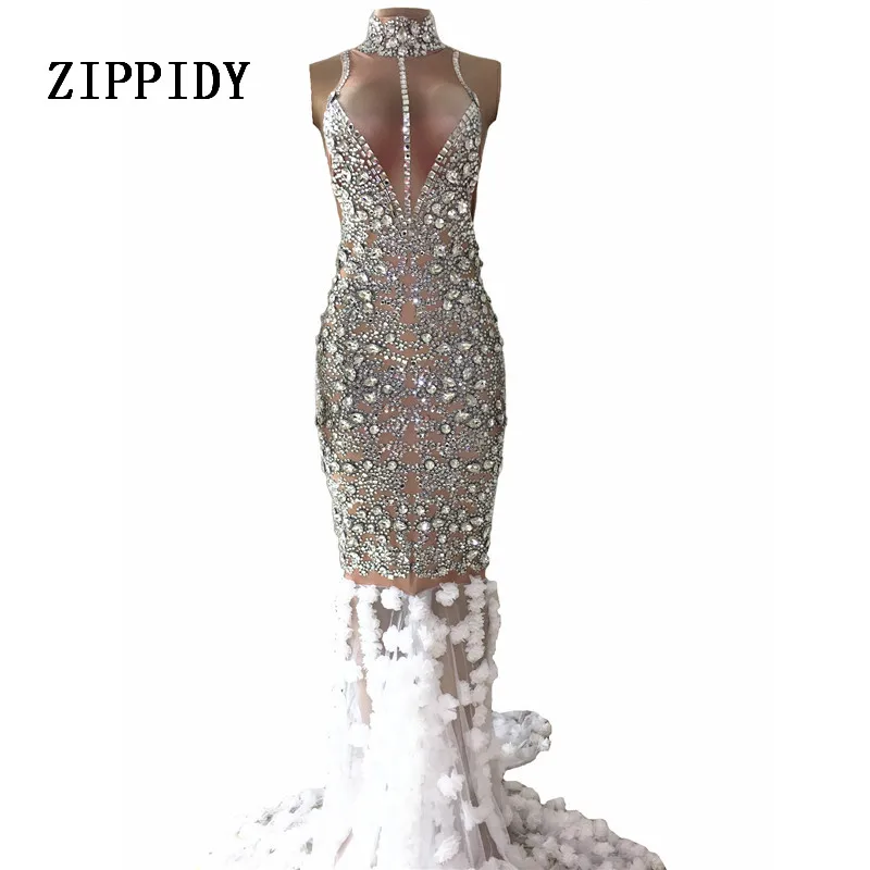 

Luxurious Rhinestones Dress Glisten Stones Evening Long Train Flowers Dress Women's Prom Birthday Celebrate Silver Dresses