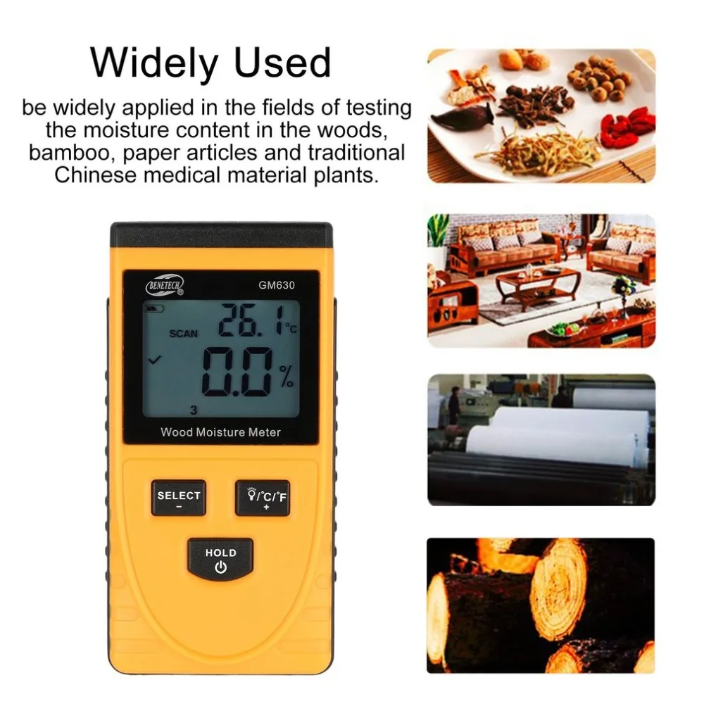 BENETECH GM630 Digital LCD Display Wood Moisture Meter Humidity Test Timber Paper Tree Damp Detector Density Hygrometer