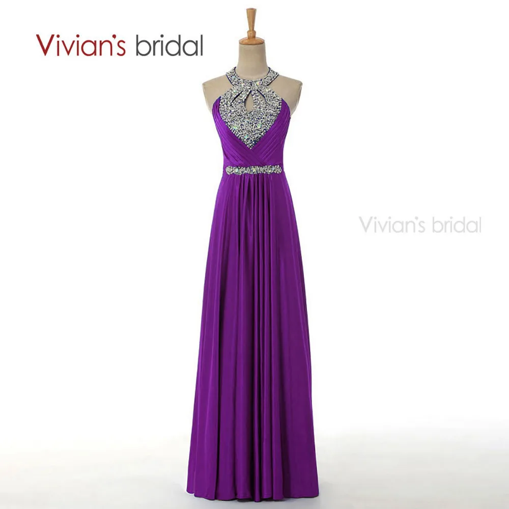 Vivian's Bridal A Line вечернее платье длинное Бисероплетение Кристалл Холтер атласное Формальное вечернее платье ED8010