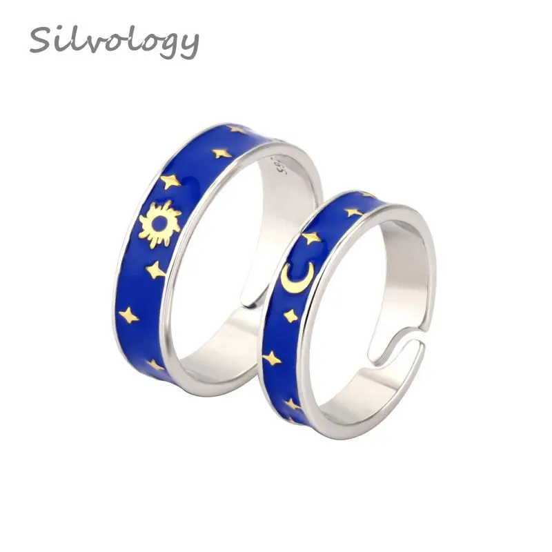 Серебряные кольца для пар Silvology романтичные с синей эмалью изображением Солнца и