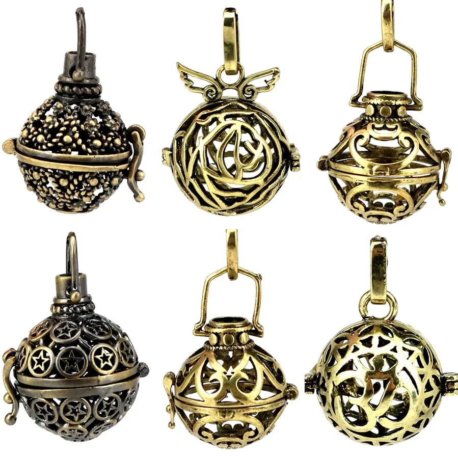 

1pc Vintage Bronze Cage Woven Star OM Yoga Ball Lava Rock Aroma Filigree Pendant Perfume Diffuser Boho Locket Pendant