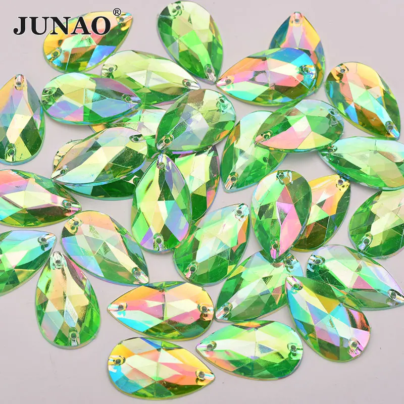 JUNAO 17*28mm Sewing Red AB Teardops Rhinestone Applique Large Crystal Stones Sew Strass Crystal Flatback Acrylic Gems Crafts - Цвет: Green AB