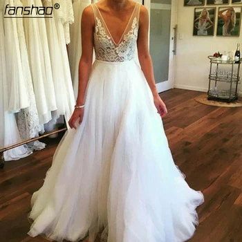 

Plus Size Vestido De Noiva Elegant Muslim Wedding Dresses Deep V-Neck Lace Illusion Boho Dubai Arabic Wedding Gown Bridal Dress