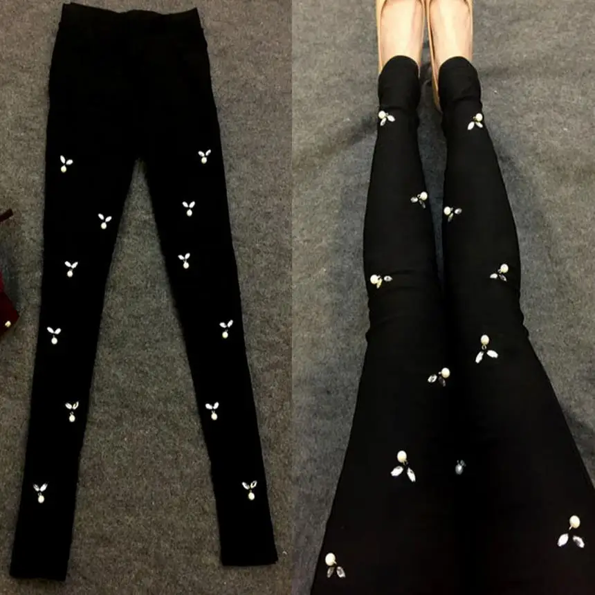 

Stretch Rivet Beading Jeans Elastic Skinny Woman legging Pants Black Female 4XL