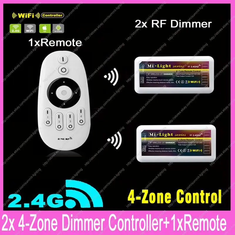 

1x 2.4G RF Wireless 4-Zone Touch Remote +2x DC12-24V 12A Mi.light RF Brightness Adjustable Dimmer Controller Set WiFi Compatible