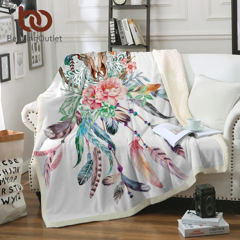 

BeddingOutlet Floral Dreamcatcher Sherpa Throw Blanket Hipster Feathers Skull Bedspread Plush Blanket Boho Gothic Floral Bedding
