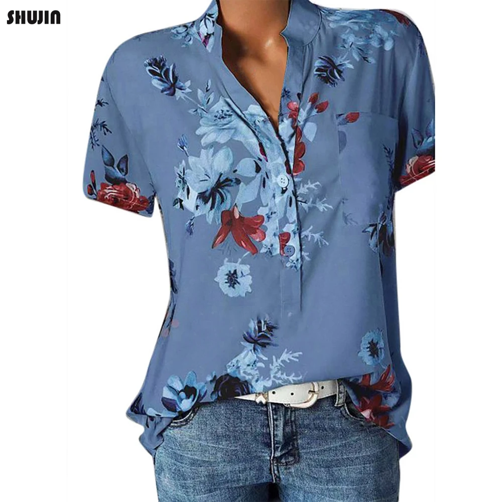 

SHUJIN 2019 Women Printed Short Sleeve V Neck Casual Flare Tunic Blouse Shirt Summer Floral print shirts Female Fashion Tops