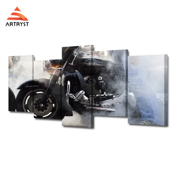 

Modern home decor canvas poster 5 pieces of art module picture motorcycle smoke poster HD printed on canvas for living room wall