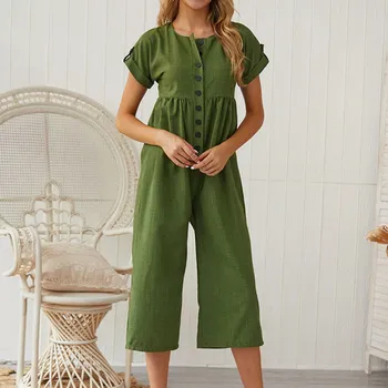 

2020 Summer Casual Jumpsuit Women's Short Sleeve Loose Jumpsuits Solid Color Linen Cotton Trousers Overalls