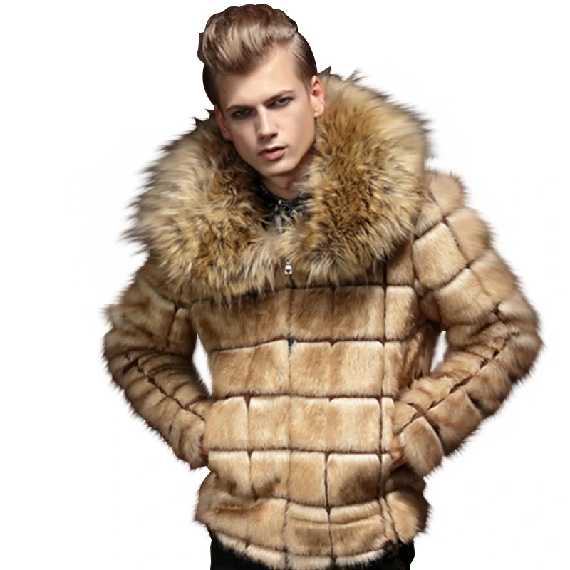 

Fake Fox Mens Fur Coats Winter Jacket Male Faxu Fur Collar Men Coat Thick Plaid Warm Suede Leather Jacket Khaki 4XL Plus Size