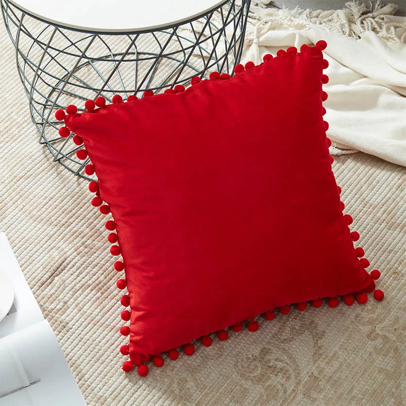 Topfinel Бархатная ткань наволочки декоративные бросает подушки охватывает Роскошные квадратная наволочка на подушку с Милыми шариками для диван-кровать автомобиль дома - Цвет: Red