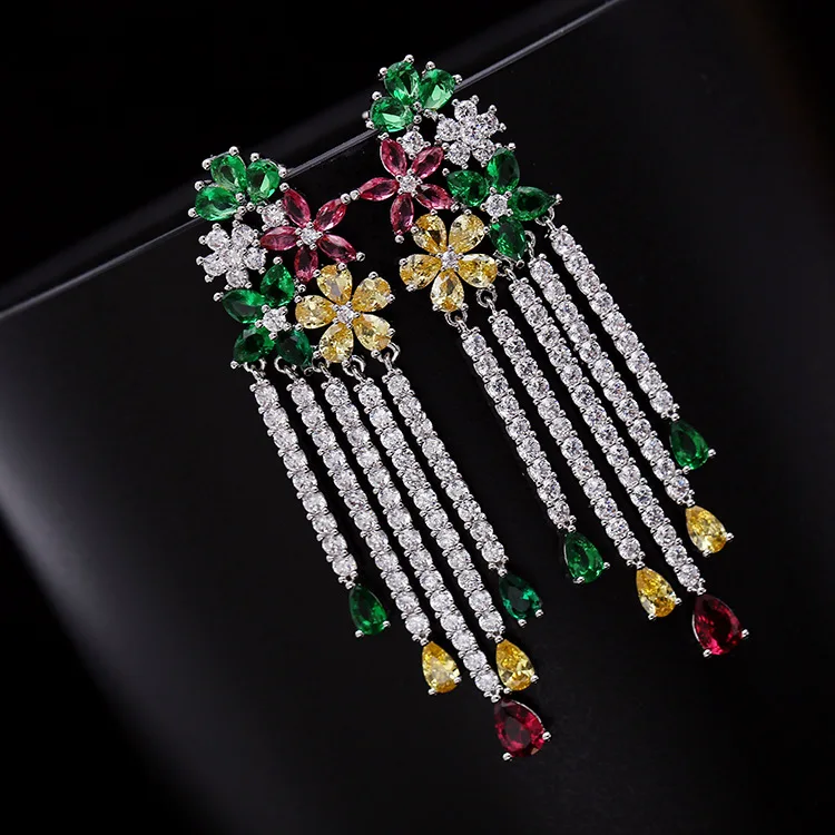 

New colorful flower long style earrings with a tiny set of zircon 925 silver needle dinner for brides luxury earrings