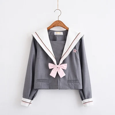 Для женщин Серый Вышивка JK высокой школьная форма для девочек Японский Элегантный дизайн костюм моряка короткий топ Высокая Талия плиссированная юбка - Цвет: long sleeve top