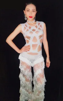 

Sexy Tassels Crystals Jumpsuit Women Singer Dancer Sexy Leggings Costume Stretch Bodysuit Nightclub Oufit Party Wear Outfit DJ