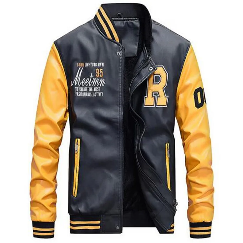 

4XL Leather Jacket Men Casual Fleece Thicken Faux Leather Coats College Basebal Moto Biker Bomber Jackets New Fashion in 2019