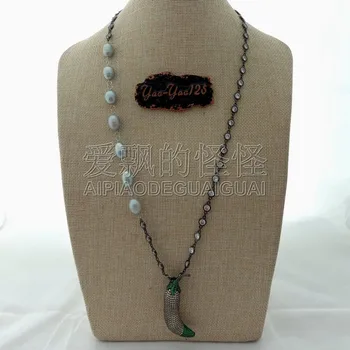 

N071115 27'' Gray Rice Pearl Chain Necklace Cz melongena Pendant