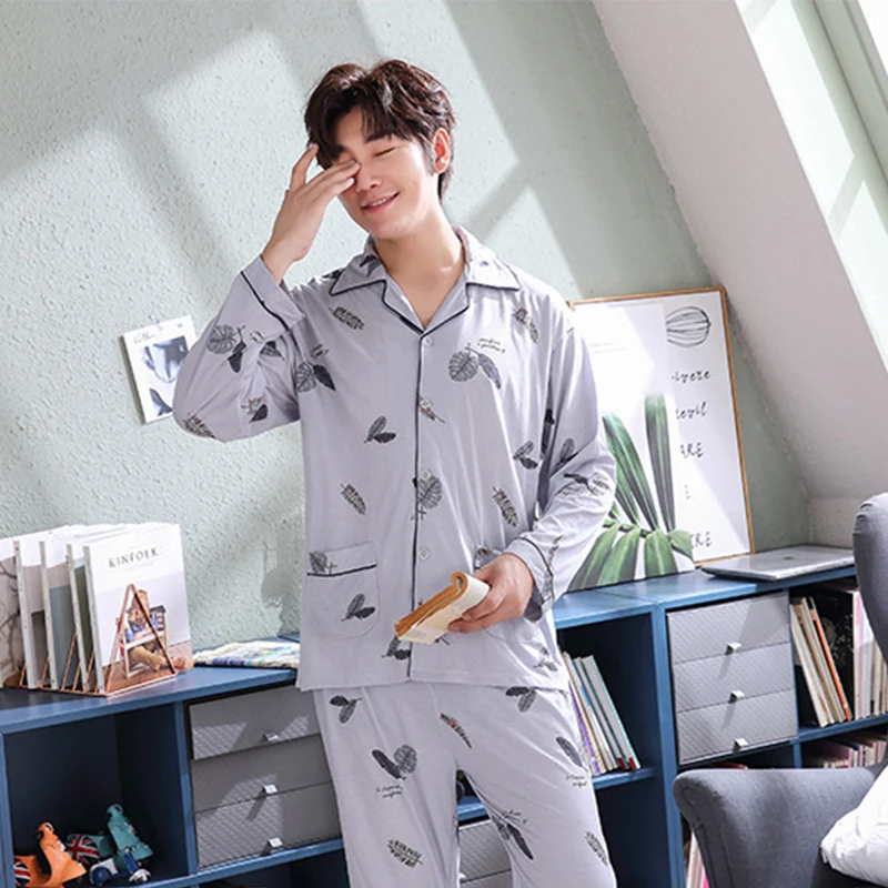 Mens Winter Autumn Pajamas Night Suit Men Nightwear Male Sleepwear Pyjamas Man Nighty Sleeping Suit Top Pants Set Button 3XL