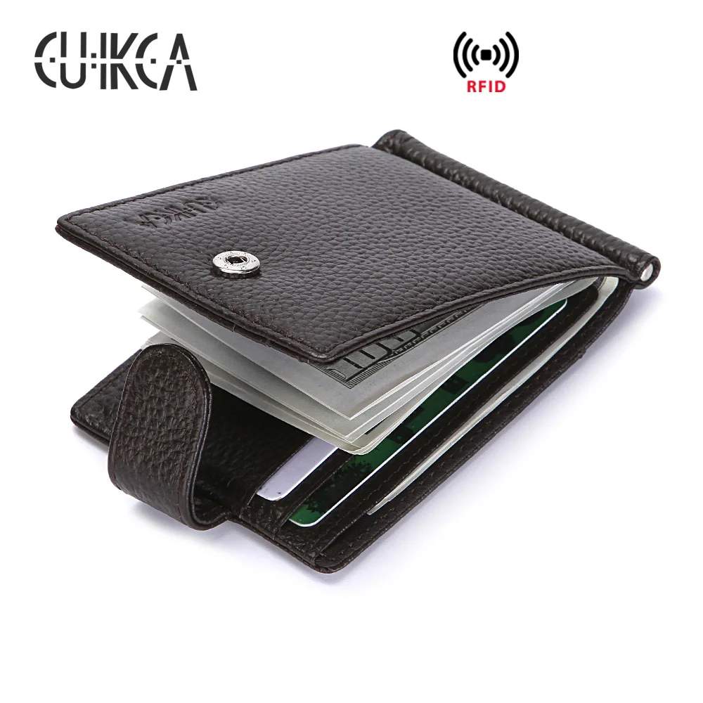 CUIKCA RFID кошелек, мужской кошелек из натуральной кожи, Carteira, Воловья кожа, зажим для денег, на застежке, короткий тонкий кошелек, бизнес, ID футляры для кредитных карт