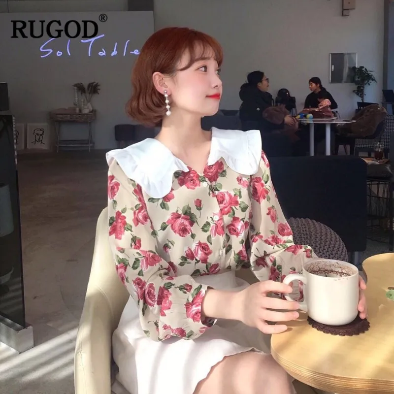 

RUGOD 2019 Summer Women Chiffon Blouse Peter Pan Collar Print Rose Loose Korea Sweet Dress платье
