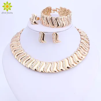 

Indian Dubai Bridal Gold-color Jewelry Sets Fashion Crystal Wedding Accessories Necklace Earring Bracelet Ring Set for women