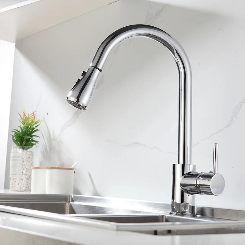 

Chrome Kitchen Faucets hot and cold Single Handle Pull Out faucet for Kitchen 360 Degree Swivel mixer Water 3 ways water Tap