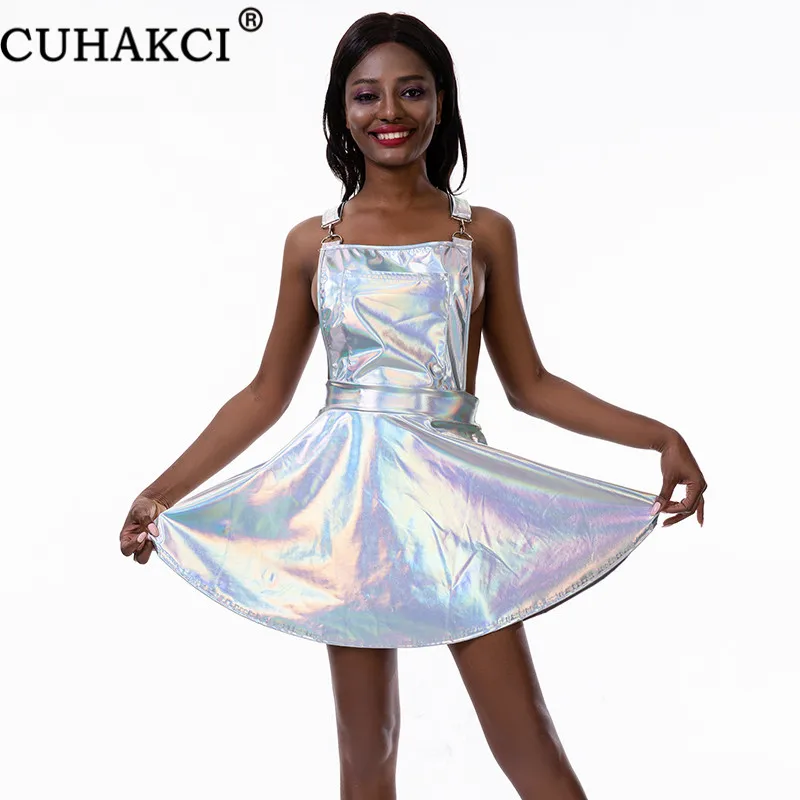 

CUHAKCI Square Collar Sundress Shining Silver A-line Women Dresses Off Shoulder Hollow Out Back Cross Bandage Mini Dress Summer
