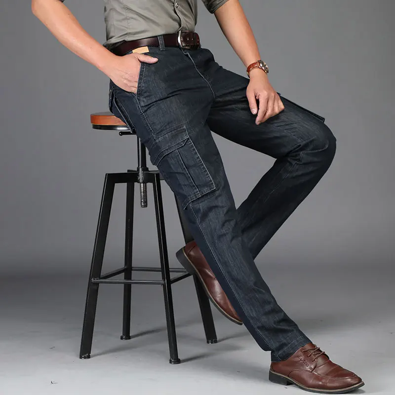 Summer JEEP Brand Cotton Cargo Jeans Elastic Men's Casual Full Length Retro Jeans Multi Pockets Cotton Pants Fashion Trousers 44 (55)