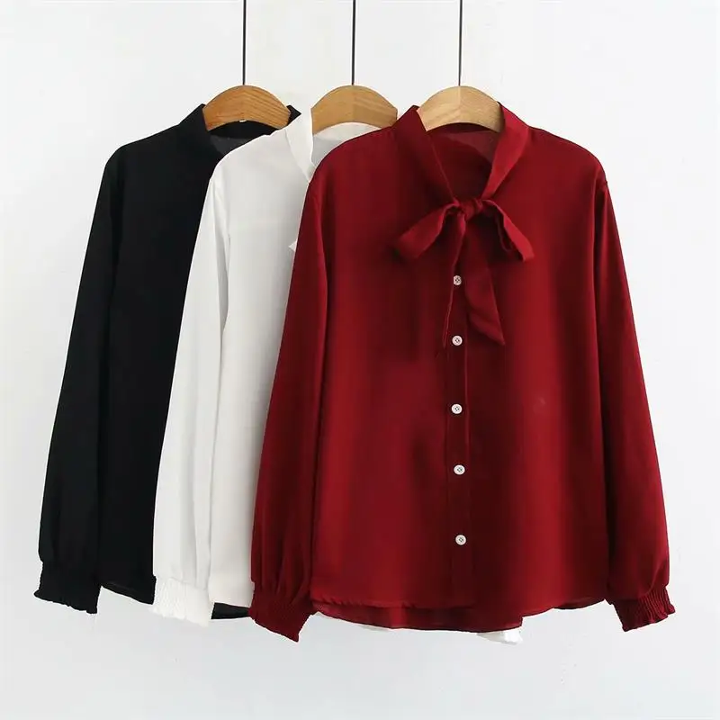 Plus size bow collar long sleeve chiffon blouse women 2018