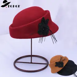 FGHGF Для женщин берета шерстяного фетра зима Кепки элегантный Pillbox Hat с мини черный раскаты украшают женская одежда церкви фетровых черный