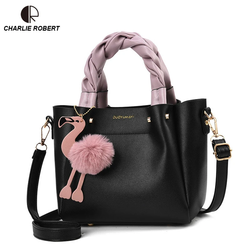 

CR 2019 New Summer Style Women Lady Shoulder Bags PU Top-Handle Bags Braided Bracelet Fashion Six Colors Flamingo Casual Tote