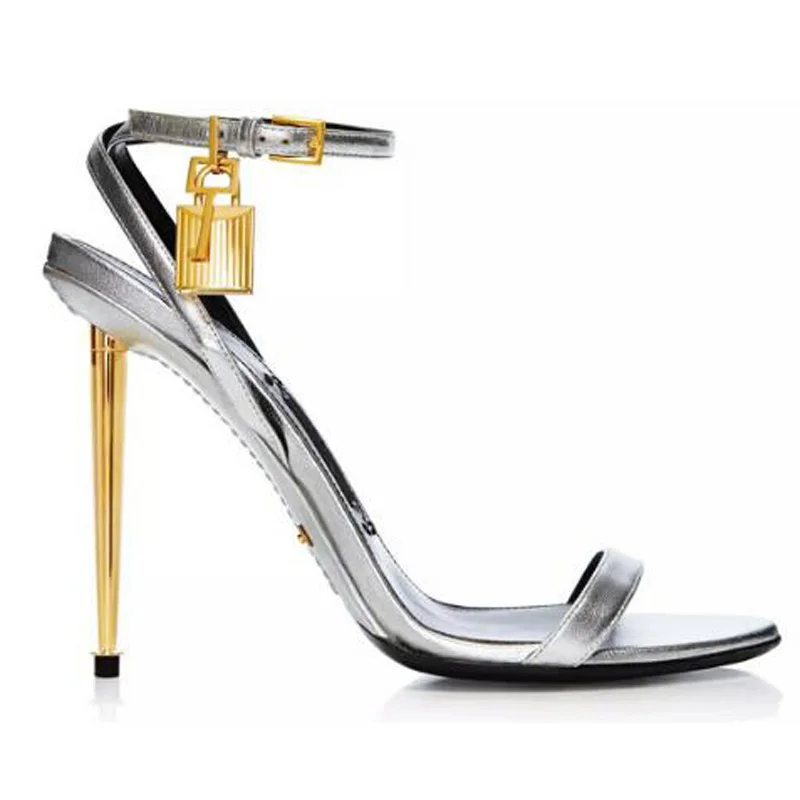 Sexy Sandals Metallic Ankle-lock Sandal Gold Heel Shoes Padlock High ...