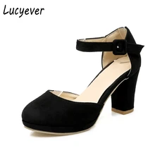 Lucyever Leisure Suede Pumps High-heeled Office Lady Shoes Woman Ankle Strap Chunky Heels Platform Casual Shoes Plus Size 34-43