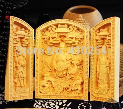 

[old craft ] Boxwood carvings Buddha car ornaments ornaments Elder Gods gift square Maitreya Buddha three open boxes