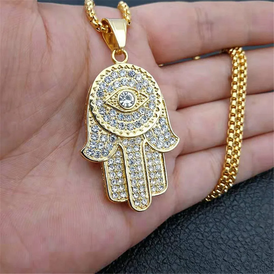 Мужская и Женская Ручная подвеска Hamsa of Fatima Золотая из нержавеющей стали со льдом