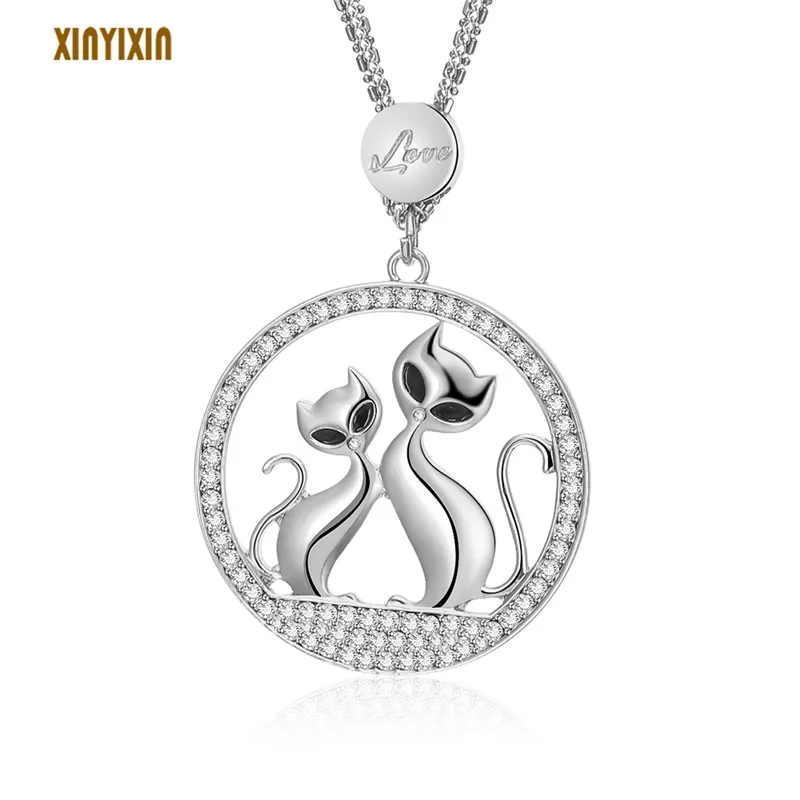 BigRoundCoupleCatCrystalPendantNecklaceWomenMenClassicalGold