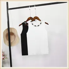 Летний свитер Для женщин корейский стиль трикотажные топы черный, белый цвет Бисер шею Танк укороченный Топ вязаный жилет для девочек майки