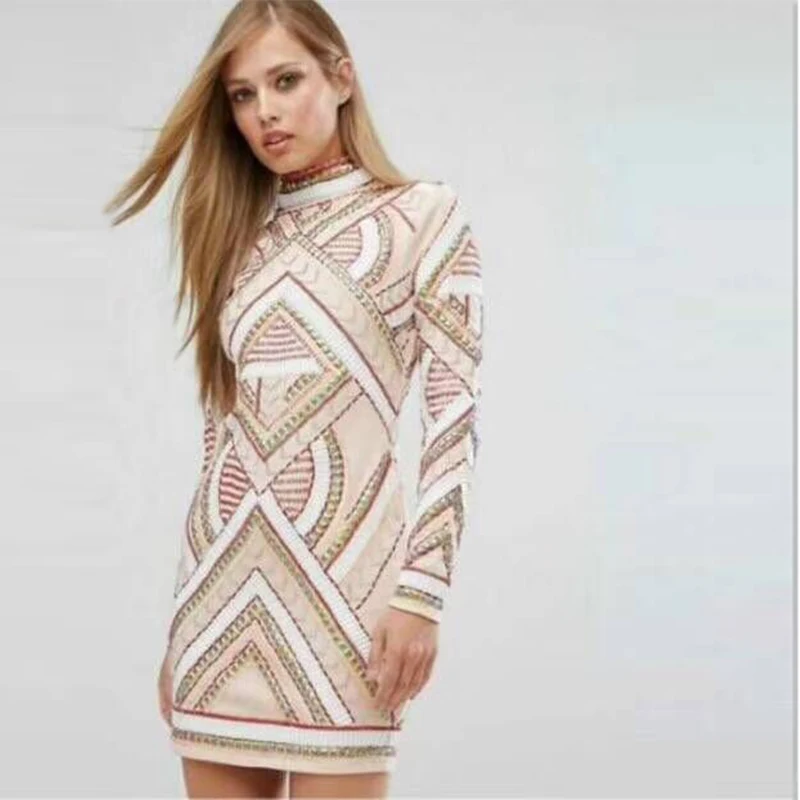 Women Fashion Beige Long Sleeve Print Bodycon Cotton Dress