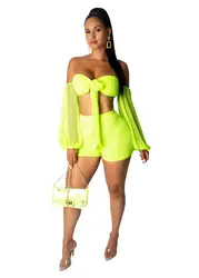 Неоновый зеленый сексуальный короткий комплект из двух предметов, женский укороченный топ, шорты, комплект летней одежды, комплект из 2