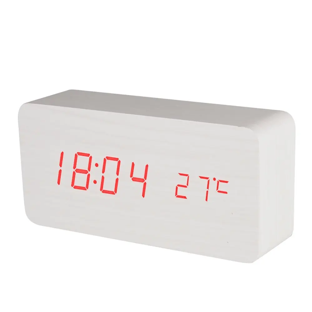Baldr деревянный светодиодный Будильник температура электронные часы управление звуками цифровой светодиодный дисплей Настольный Календарь настольные часы - Цвет: White Red Time