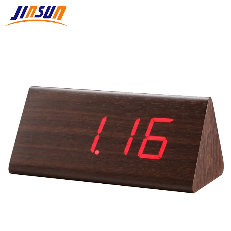 

JINSUN Alarm Clocks with Thermometer Sounds Control LED Digital Clock Wood Wooden Snooze Function Geometric Desktop Clock