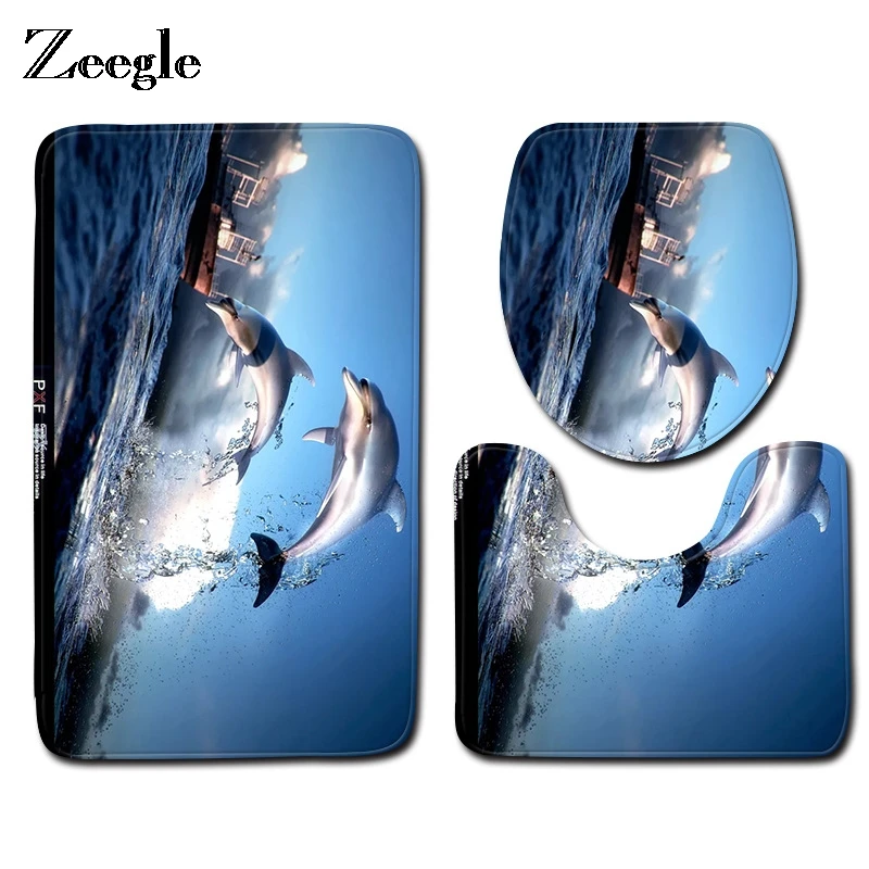 Zeegle Dolphin Pattern Bath Mat Bathroom Carpet Non Slip Floor Mat Water Absorbent Carpet Toilet Seat Cover Set Home Decoration