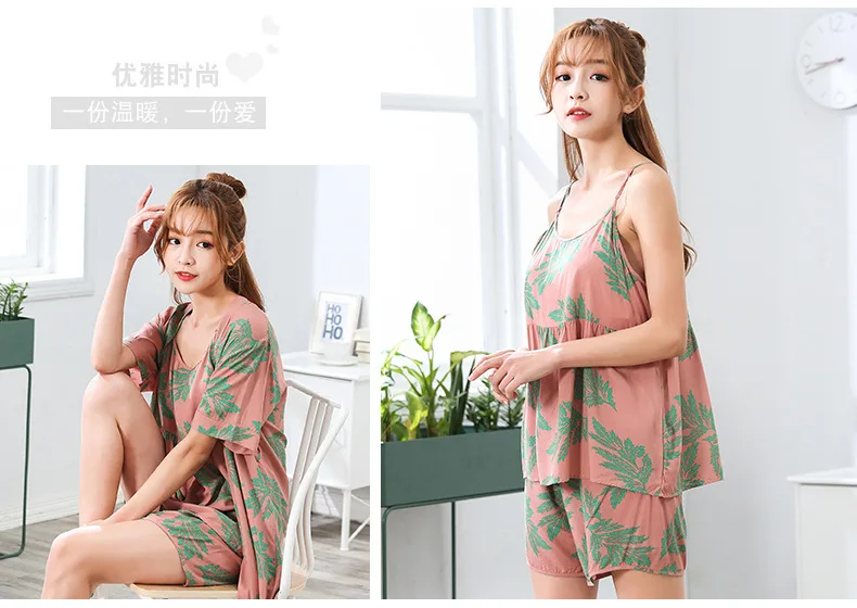 Women's pajamas autumn pure cotton long-sleeved summer sweet sexy suspenders nightgown three-piece suit home clothes flower