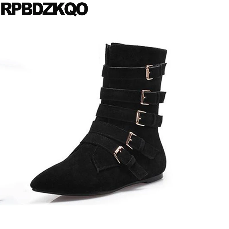 

Pointed Toe Casual Autumn Fur Black Size 4 Shoes Metal Flat Women Boots Winter 2017 Suede Mid Calf Fashion New Chinese Female