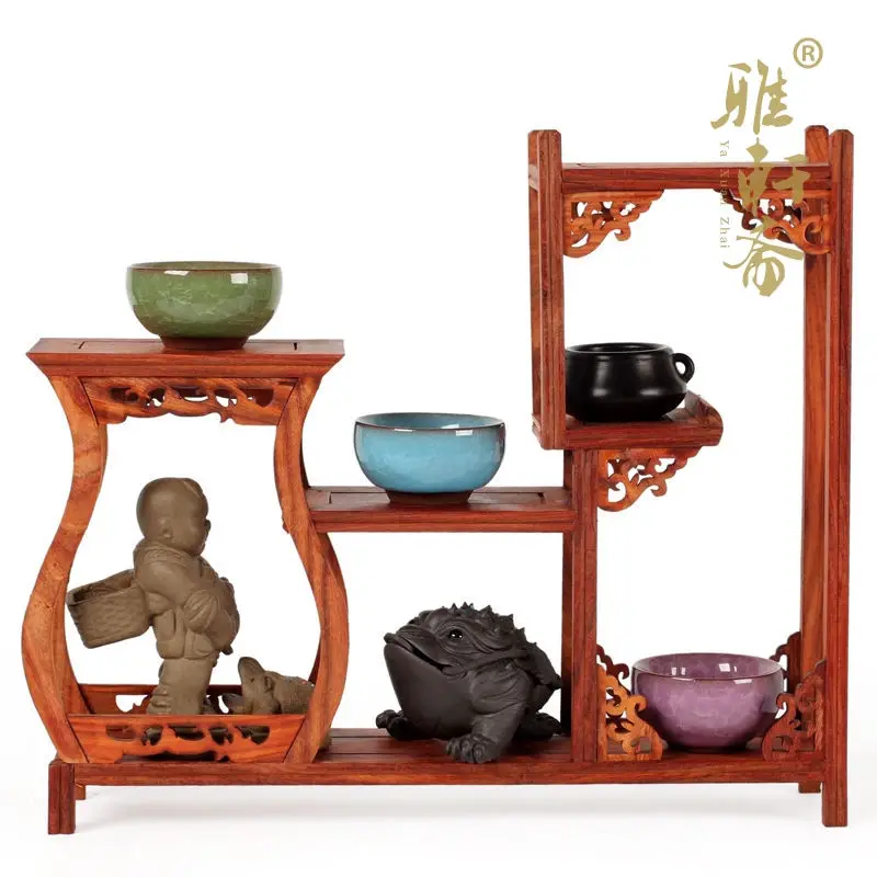 

Small red sandalwood curio shelf mahogany carved ornaments teapot base wood frame table of exquisite workmanship